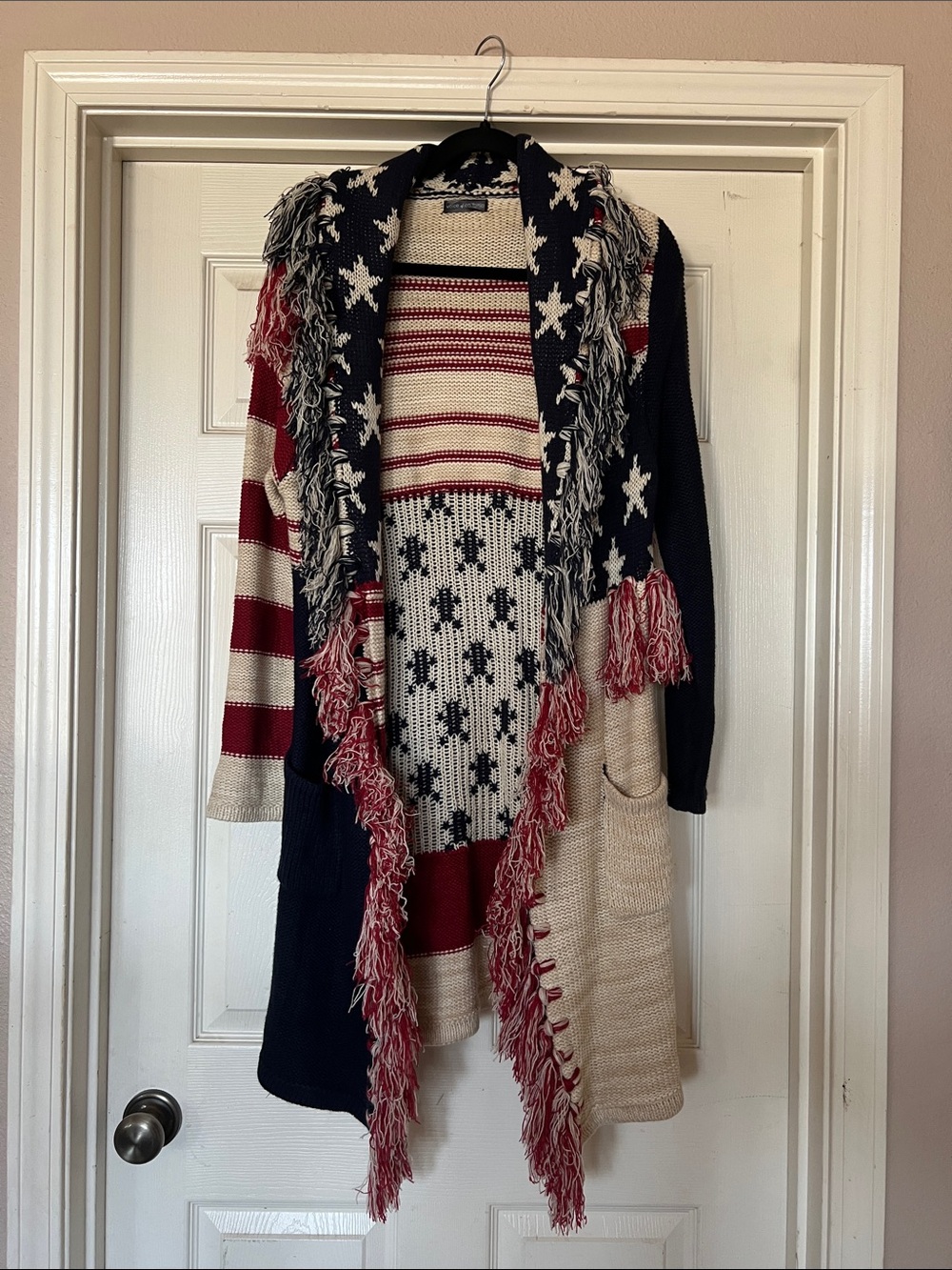 S/M Patriotic Fringe Open-Front Women’s Cardigan Sweater - Navy, Red & Cream